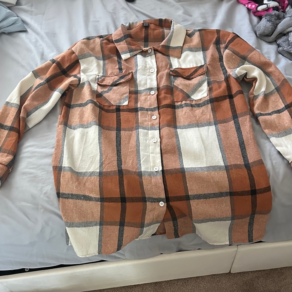 SHEIN Kids Plaid Button Down Shirt in Orange and Cream